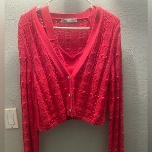 Zara Vibrant Pink Lace Knit Set TOP AND CARDIGAN